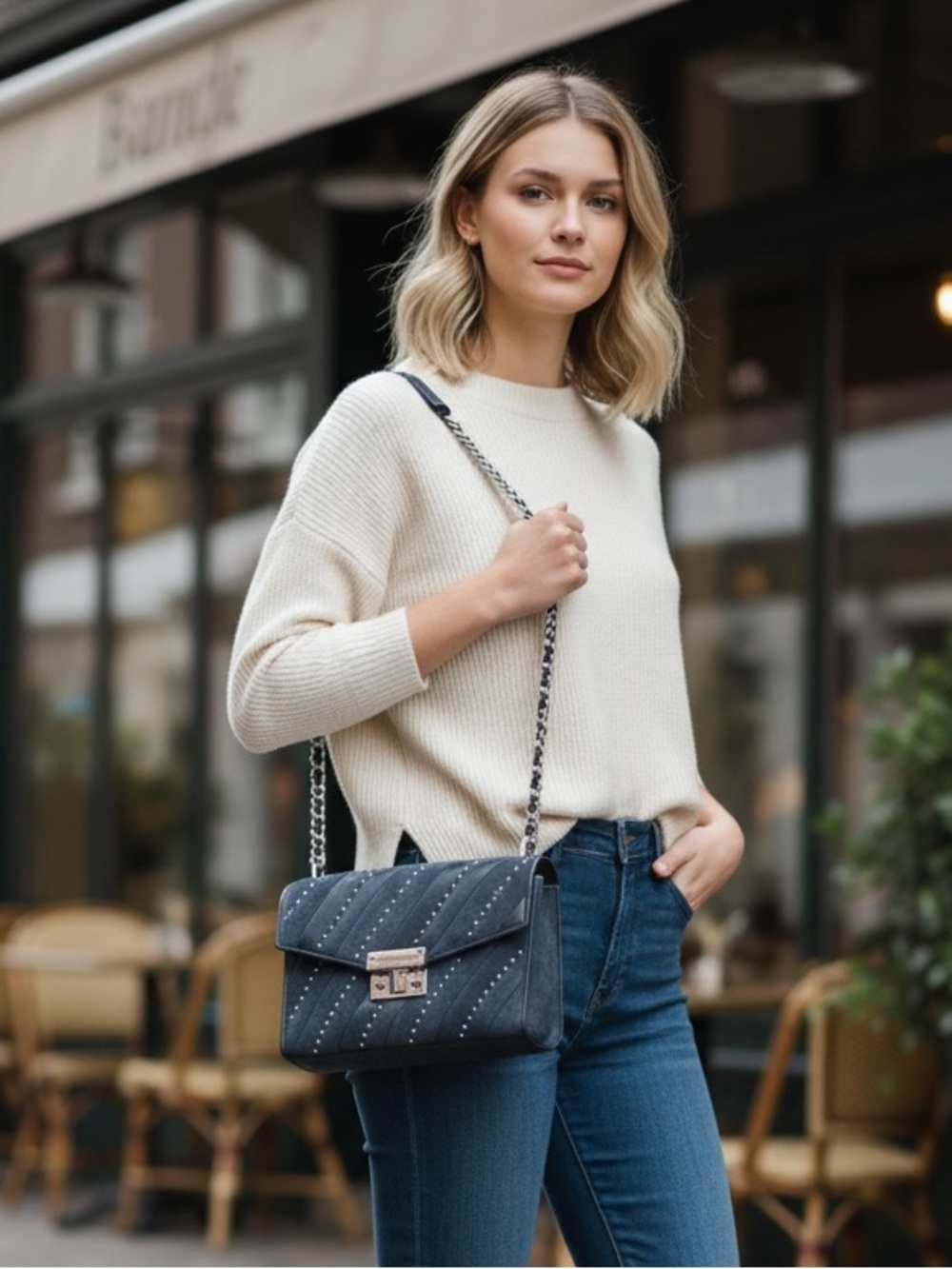 Michael Kors Sloan Editor Studded Navy Leather & Suede Shoulder Bag